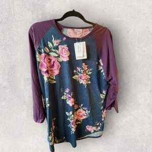 Lularoe Women's Randy Baseball Raglan Gray Purple Floral Size 2XL-NWT